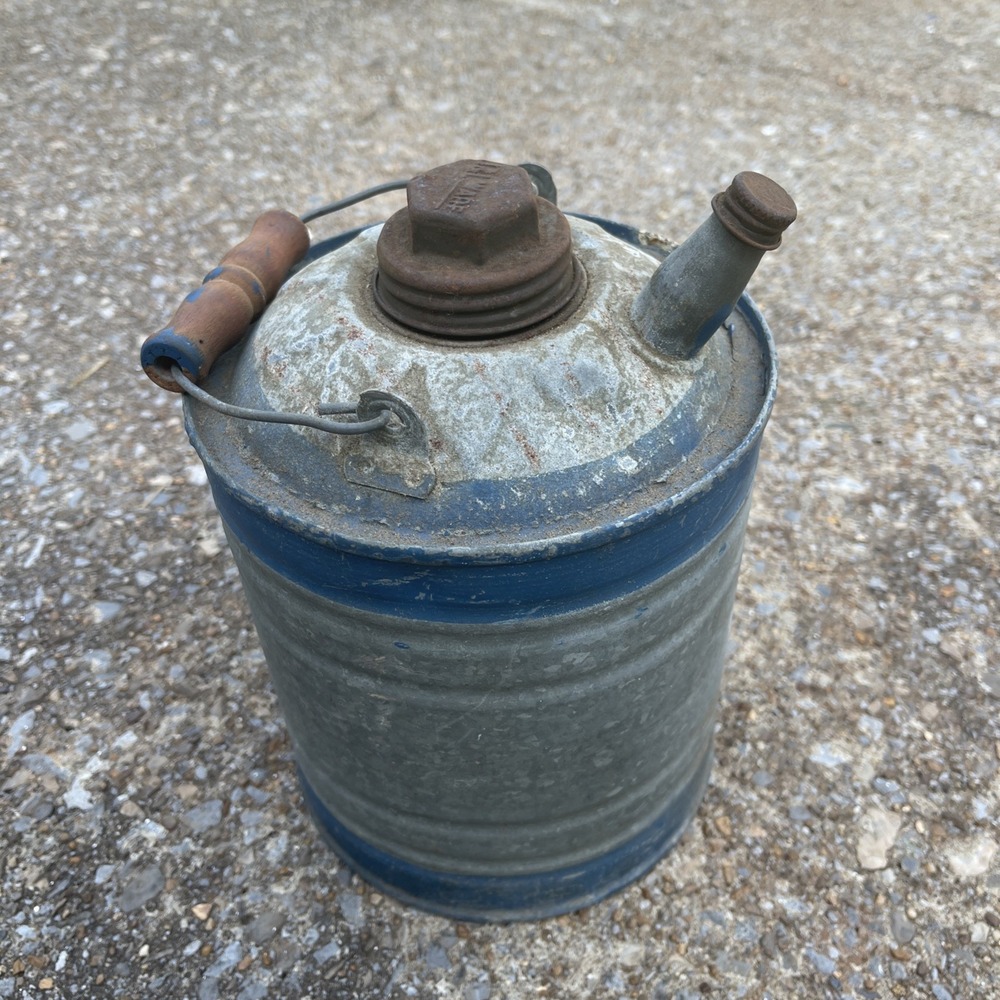 Vintage J&L Ware 1 Gallon Galvanized Gas Fuel Can Wood Handle Both Caps